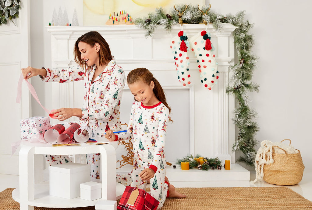 Christmas Tree Stretch Long Sleeve Kids 2pc Pant PJ Set