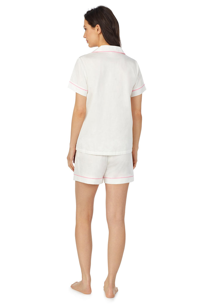 Solid White Short Sleeve Classic Shorty Woven Sateen PJ Set w/ Pocket Embroidery