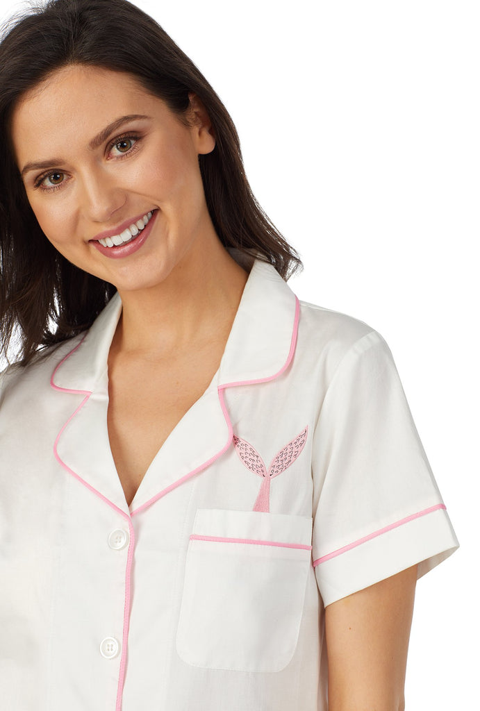 Solid White Short Sleeve Classic Shorty Woven Sateen PJ Set w/ Pocket Embroidery