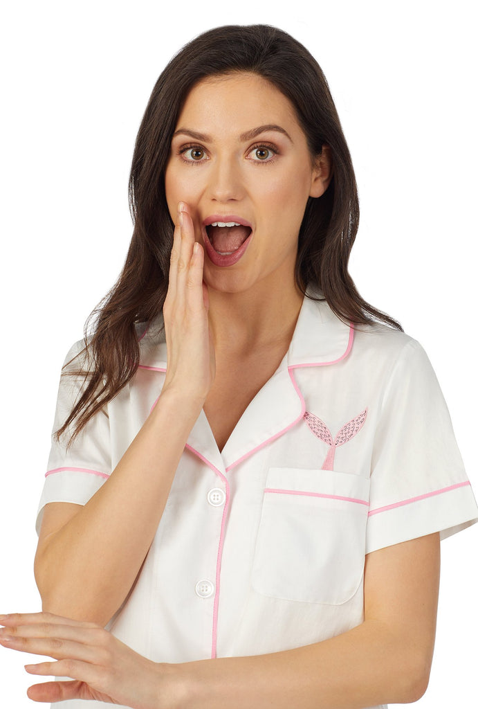 Solid White Short Sleeve Classic Shorty Woven Sateen PJ Set w/ Pocket Embroidery