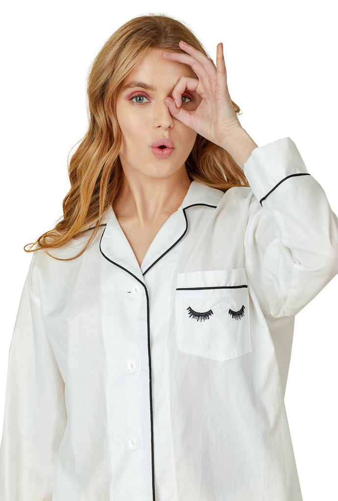 Ivory Long Sleeve Classic PJ Set - Eyelash Embroidery