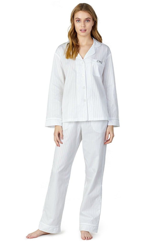 White 3D Stripe Long Sleeve Classic PJ Set with Monogram Pocket