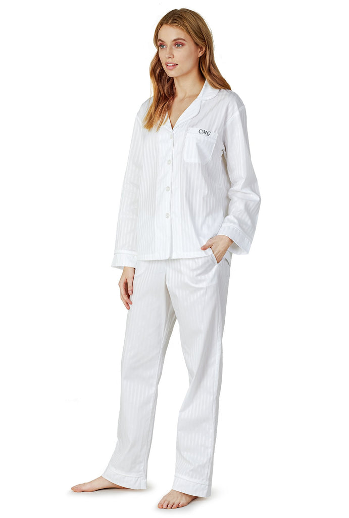 White 3D Stripe Long Sleeve Classic PJ Set with Monogram Pocket
