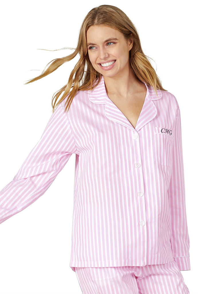 Pink 3D Stripe Long Sleeve Classic PJ Set with Monogram Pocket