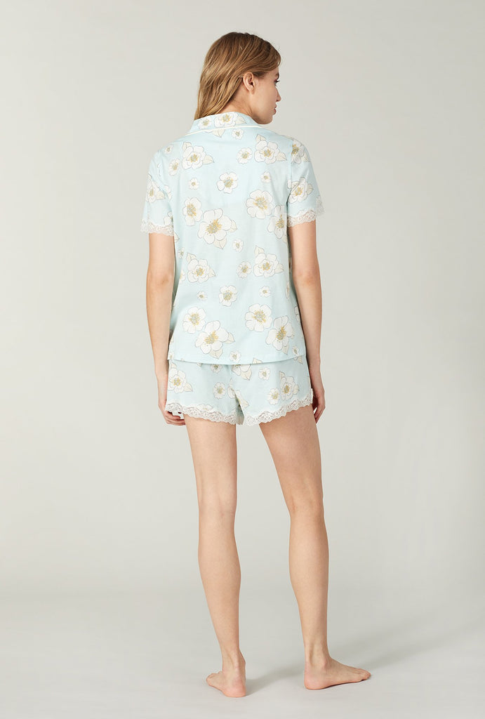 Bridal Floral Blue Cotton Short Sleeve Classic Shorty Pj Set With Lace