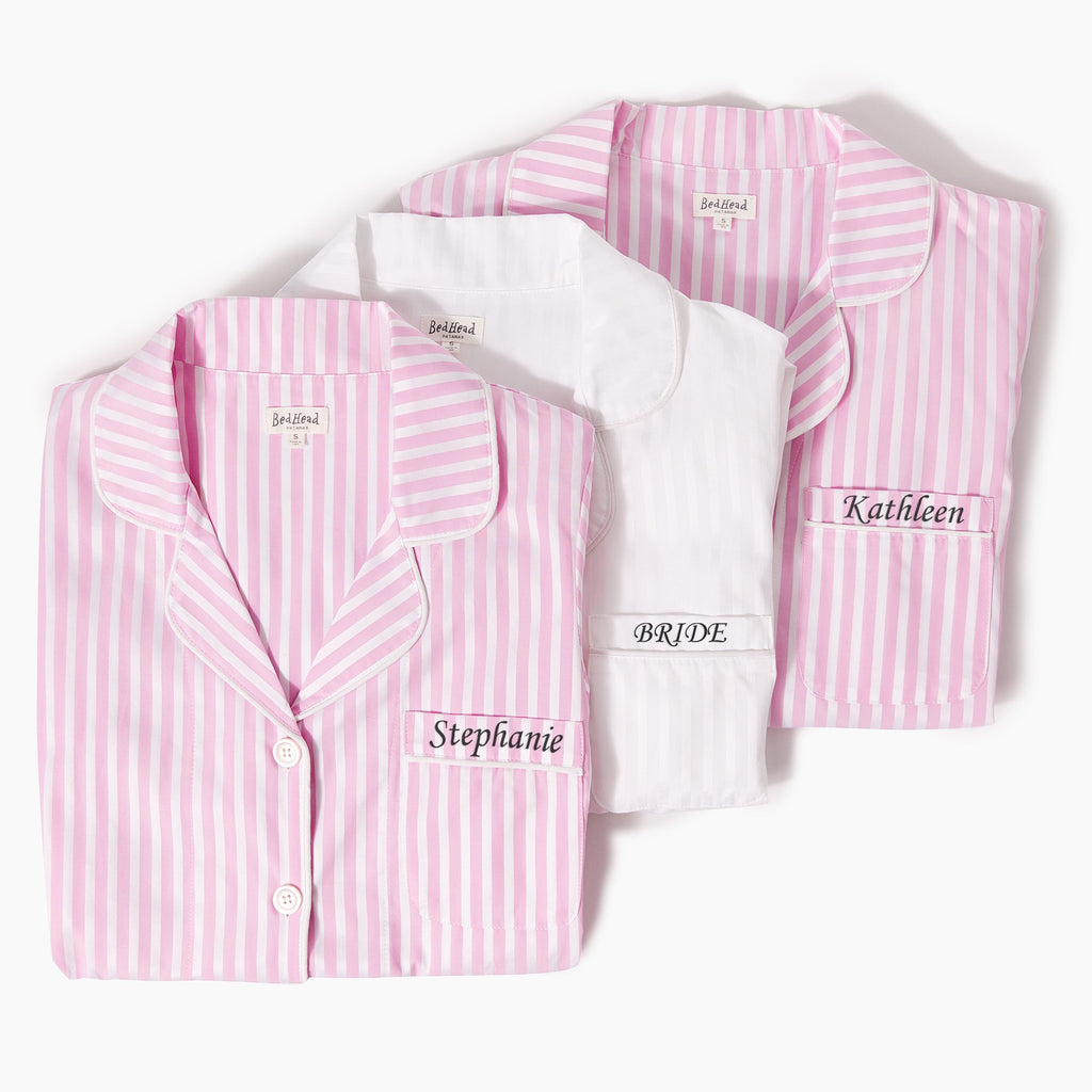 Pink 3D Stripe Long Sleeve Classic PJ Set with Monogram Pocket