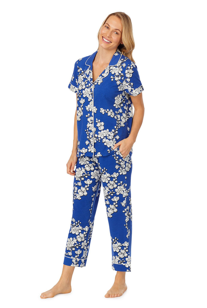 Navy Shadow Blossom Short Sleeve Cropped Stretch Jersey PJ Set