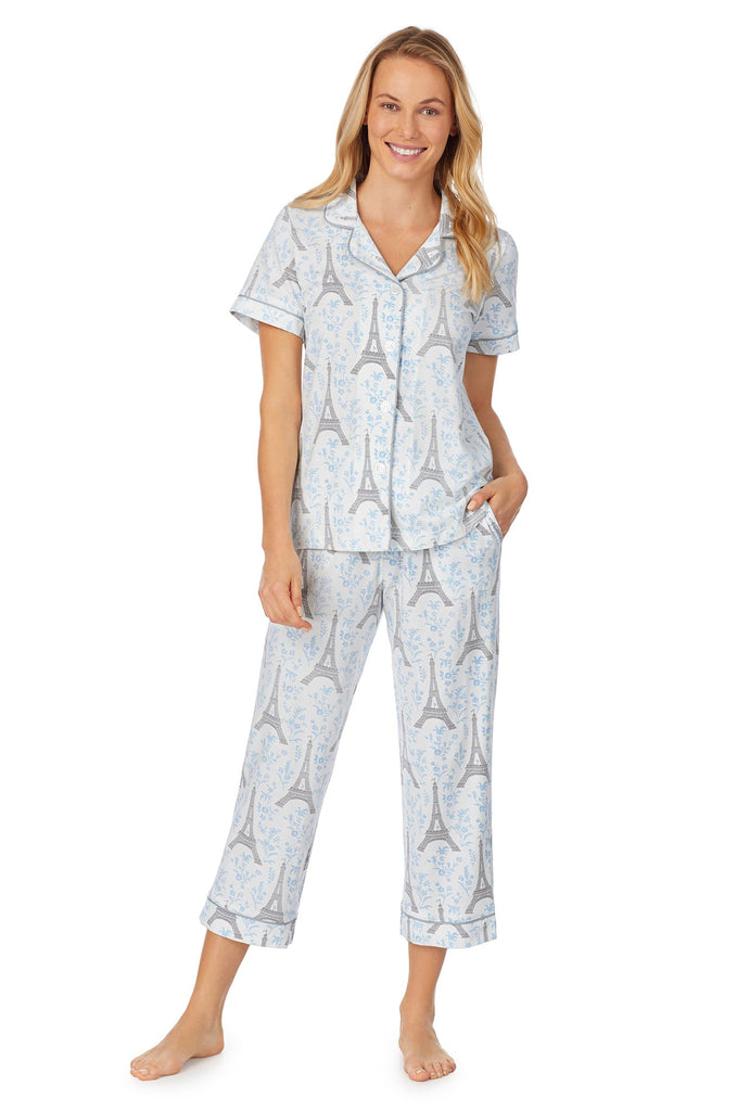 Blue Eiffel Stretch Short Sleeve Cropped PJ Set