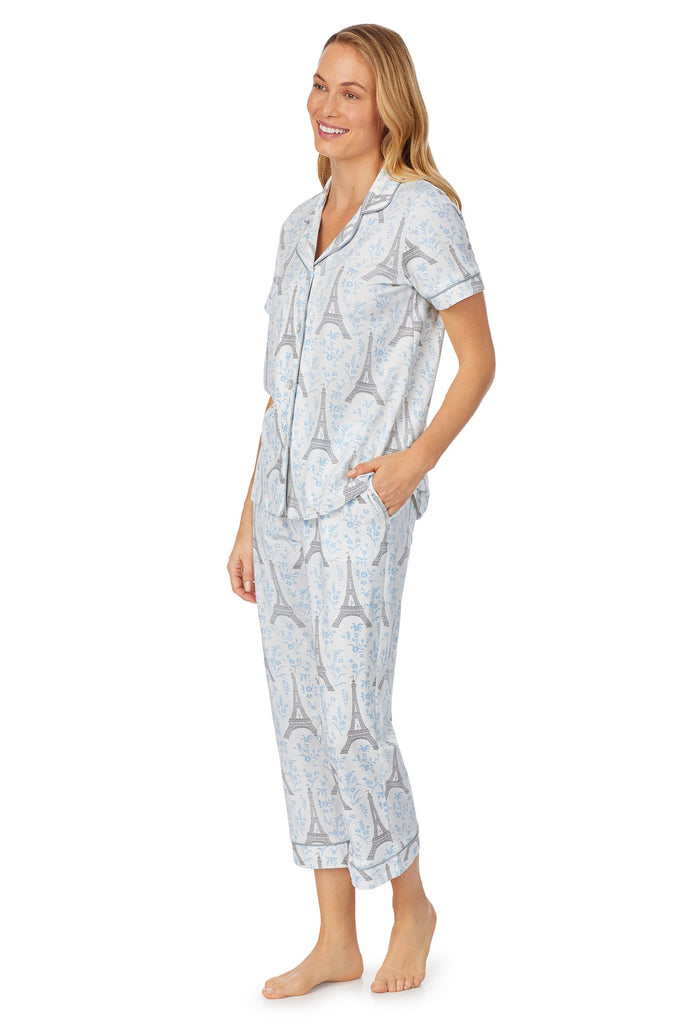 Blue Eiffel Stretch Short Sleeve Cropped PJ Set