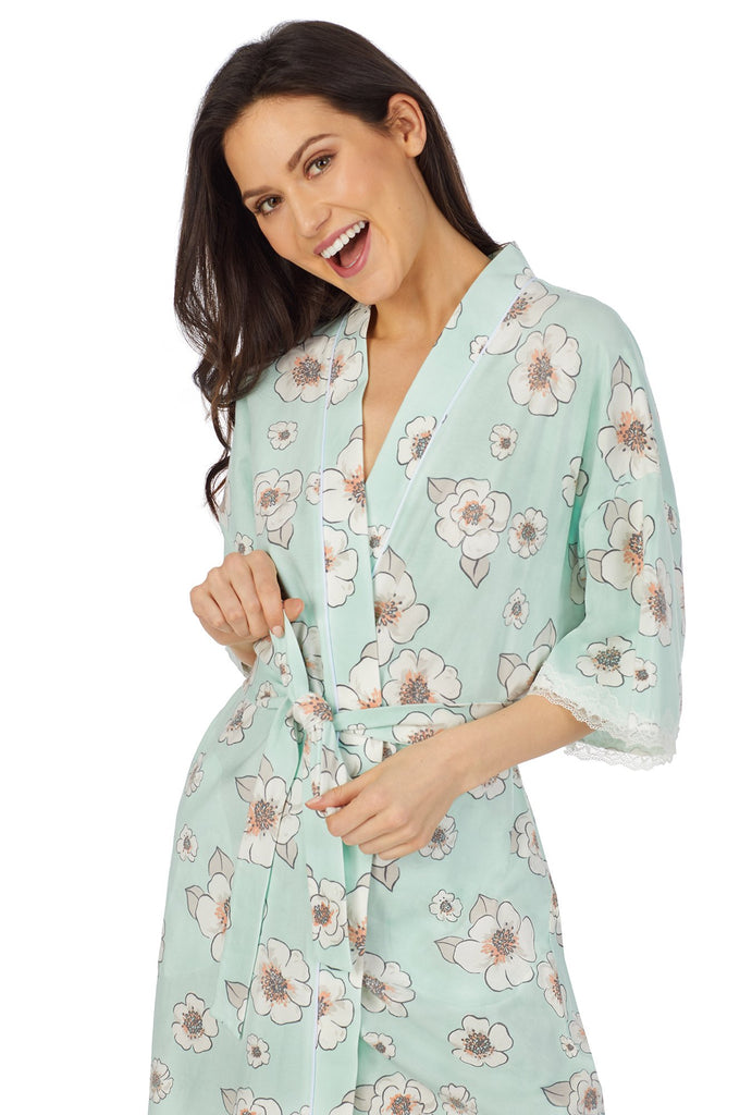 Forever Flower 3/4 Sleeve Stretch Jersey Kimono Robe with Lace