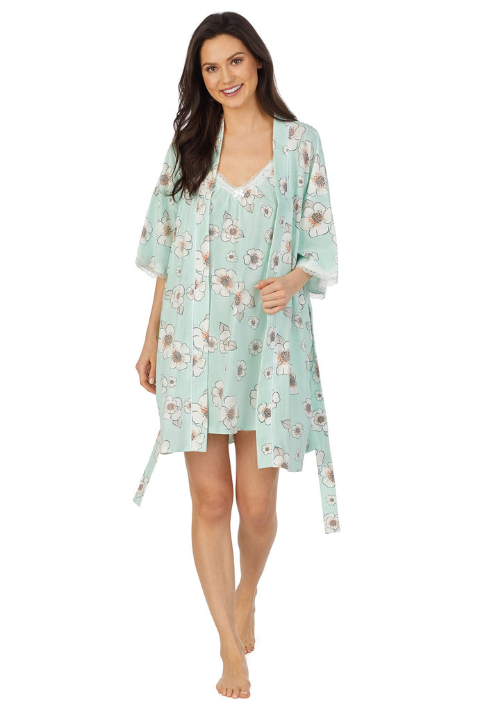 Forever Flower 3/4 Sleeve Stretch Jersey Kimono Robe with Lace